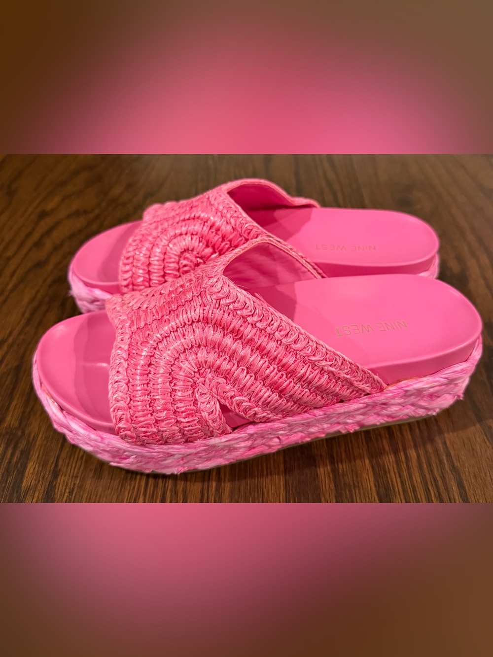 Nine West Bright Pink Woven Platform Slide Mules